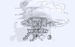 Size: 494x308 | Tagged: safe, artist:firecracker, pony, aggie.io, lowres, monochrome, simple background, tire swing, treehouse