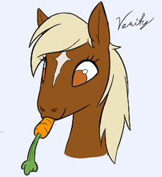 Size: 292x319 | Tagged: safe, earth pony, pony, aggie.io, carrot, eating, female, food, lowres, mare, simple background, smiling, snoofa, verity