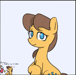 Size: 289x288 | Tagged: safe, big macintosh, caramel, pony, aggie.io, eyes closed, female, frown, looking at you, lowres, mare, rule 63, simple background, sitting, smiling