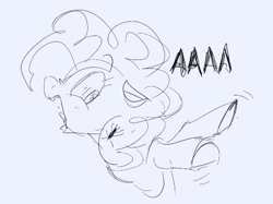 Size: 499x374 | Tagged: safe, artist:hattsy, pinkie pie, pony, spider, aggie.io, female, looking back, lowres, mare, monochrome, open mouth, screaming, simple background