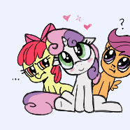 Size: 186x186 | Tagged: safe, apple bloom, scootaloo, sweetie belle, earth pony, pegasus, pony, unicorn, aggie.io, blushing, bow, confused, female, filly, frown, mare, simple background, sitting, smiling