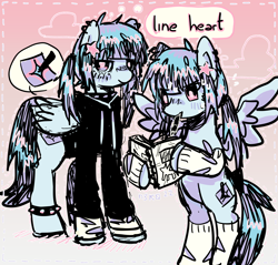 Size: 2888x2760 | Tagged: safe, artist:pxunii, imported from derpibooru, oc, oc only, oc:line heart, pegasus, pony, anklet, book, clothes, hoodie, jewelry, notebook, pen, reference sheet, socks, solo