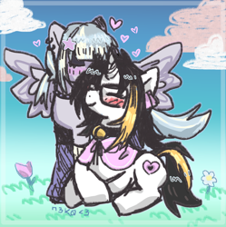 Size: 1470x1474 | Tagged: safe, artist:pxunii, imported from derpibooru, oc, oc only, pegasus, pony, unicorn, cuddling, duo, duo female, female, love