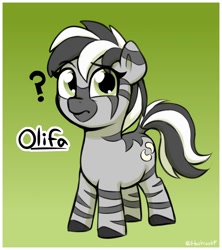 Size: 1298x1464 | Tagged: safe, artist:heretichesh, imported from derpibooru, oc, oc only, oc:olifa, zebra, female, filly, foal, gradient background, looking at you, question mark, solo, zebra oc, zilly