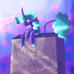 Size: 5800x5800 | Tagged: safe, artist:florarena-kitasatina/dragonborne fox, imported from derpibooru, oc, oc only, unicorn, absurd resolution, box, cute, free pony, heart, leonine tail, signature, tail, tongue out, watermark