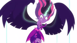 Size: 3410x1920 | Tagged: safe, imported from derpibooru, screencap, sci-twi, twilight sparkle, equestria girls, friendship games, bare shoulders, female, high res, midnight sparkle, shrunken pupils, sleeveless, solo, spread wings, strapless, wings