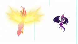 Size: 3410x1920 | Tagged: safe, imported from derpibooru, screencap, sci-twi, sunset shimmer, twilight sparkle, equestria girls, friendship games, bare shoulders, daydream shimmer, duo, duo female, female, high res, midnight sparkle, sleeveless, spread wings, strapless, wings