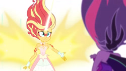 Size: 3410x1920 | Tagged: safe, imported from derpibooru, screencap, sci-twi, sunset shimmer, twilight sparkle, equestria girls, friendship games, bare shoulders, daydream shimmer, duo, duo female, female, high res, midnight sparkle, sleeveless, strapless