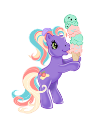 Size: 600x800 | Tagged: safe, artist:vernorexia, imported from derpibooru, earth pony, pony, bipedal, coloring page, digital art, eating, food, g3, green eyes, ice cream, ice cream cone, multicolored hair, peach, peach surprise, ponytail, purple coat, recolor, scrunchie, simple background, solo, standing, style emulation, tongue out, transparent background