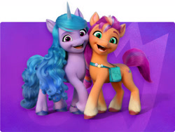 Size: 1600x1200 | Tagged: safe, imported from derpibooru, izzy moonbow, sunny starscout, earth pony, pony, unicorn, 3d, badge, bag, banner, bracelet, g5, header, jewelry, looking at you, melody note, multicolored hair, my little pony: a new generation, official, purple background, simple background, smiling, smiling at you, standing, updated, updated design, uvula