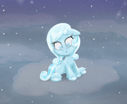 Size: 2488x2041 | Tagged: safe, artist:chopsticks, imported from derpibooru, oc, oc only, oc:snowdrop, pegasus, pony, cheek fluff, cloud, cute, female, filly, floppy ears, foal, night, ocbetes, sitting, sky, snow, snowfall, solo, stars, unshorn fetlocks