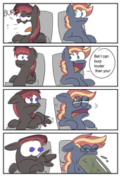 Size: 2504x3638 | Tagged: safe, artist:beefgummies, imported from derpibooru, oc, oc only, oc:beef gummies, oc:sweeden, earth pony, pegasus, pony, 4 panel comic, burp, comic, faic, female, gross, horrified, male, mare, onomatopoeia, open mouth, scared, sitting, speech bubble, spread wings, stallion, stylistic suck, volumetric mouth, vomit, vomiting, wings