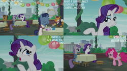 Size: 1280x720 | Tagged: safe, edit, edited screencap, editor:quoterific, imported from derpibooru, screencap, maud pie, pinkie pie, port wine, rarity, waxton, earth pony, pony, unicorn, season 6, the gift of the maud pie, eating, eyes closed, female, magic, male, mare, open mouth, open smile, smiling, stallion, telekinesis, text