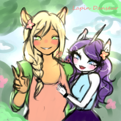 Size: 2024x2024 | Tagged: safe, artist:lapindanseur, imported from derpibooru, applejack, rarity, anthro, earth pony, unicorn, braid, duo, female, flower, flower in hair, lesbian, peace sign, rarijack, shipping