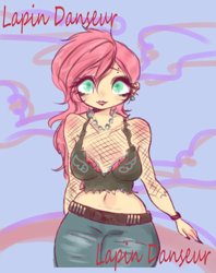 Size: 2024x2553 | Tagged: safe, artist:lapindanseur, imported from derpibooru, fluttershy, equestria girls, female, fishnet clothing, flutterpunk, metalshy, midriff, solo