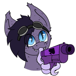 Size: 872x872 | Tagged: safe, artist:zackwhitefang, imported from derpibooru, oc, oc only, oc:ravenpuff, bat pony, pony, bat pony oc, bust, delet this, digital art, eye clipping through hair, female, goggles on head, gun, handgun, portrait, prehensile tongue, simple background, slit pupils, smiling, solo, tongue out, transparent background