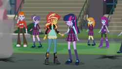 Size: 3410x1920 | Tagged: safe, imported from derpibooru, screencap, heath burns, sci-twi, sunset shimmer, suri polomare, twilight sparkle, equestria girls, friendship games, boots, canterlot high, clothes, eyes closed, female, high heel boots, high res, jacket, leather, leather jacket, male, open mouth, shoes