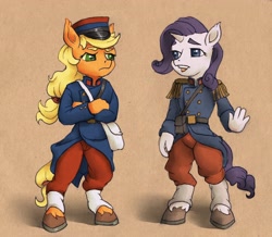 Size: 3544x3087 | Tagged: safe, artist:tass_the_bovine, imported from derpibooru, applejack, rarity, anthro, earth pony, unguligrade anthro, unicorn, clothes, duo, female, french, lesbian, rarijack, shipping, uniform