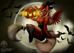 Size: 1280x928 | Tagged: safe, artist:maàra djayt, imported from derpibooru, oc, oc only, anthro, pegasus, anthro oc, boots, breasts, broom, clothes, commission, digital art, female, fishnets, flying, flying broomstick, glasses, grin, halloween, hat, holiday, jack-o-lantern, looking at you, moon, night, oc name needed, owo, pegasus oc, pumpkin, shoes, sitting, smiling, smiling at you, solo, spread wings, stockings, tail, thigh highs, thighs, wings, witch costume, witch hat, ych result