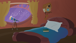 Size: 4096x2304 | Tagged: safe, artist:candy meow, imported from derpibooru, bed, book, clock, constellation, curtains, golden oaks library, legends of equestria, library, loading screen, night, no pony, pillow, ponydale, ponydale library, telescope, window