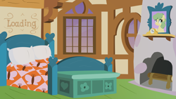 Size: 4096x2304 | Tagged: safe, artist:candy meow, imported from derpibooru, bed, blanket, bust, clock, cottage, fireplace, fluttershy's bedroom, fluttershy's cottage, legends of equestria, loading screen, log, no pony, pillow, portrait, window