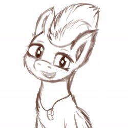 Size: 2893x2893 | Tagged: safe, alternate version, artist:simplesample, imported from derpibooru, spitfire, pegasus, pony, black and white, colored sketch, cute, cutefire, grayscale, looking at you, monochrome, simple background, sketch, smiling, solo, spitfire's whistle, whistle, whistle necklace, white background, wings