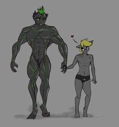 Size: 3851x4118 | Tagged: safe, artist:queen-razlad, imported from derpibooru, oc, oc only, oc:trestle, oc:villainshima, anthro, changeling, digitigrade anthro, unguligrade anthro, floating heart, glasses, green changeling, heart, holding hands, male, meme, muscles, muscular male, simple background, size difference, strong