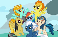 Size: 1394x900 | Tagged: safe, artist:a.k.yearling, imported from derpibooru, daring do, indigo zap, lightning dust, night glider, rainbow dash, spitfire, pegasus, pony, alternate mane six, equestria girls ponified, female, looking at you, mane six opening poses, mare, one eye closed, pegasus six, ponified, smiling, wink