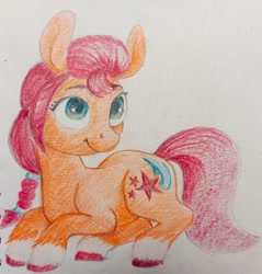 Size: 573x600 | Tagged: safe, artist:ponsce, imported from derpibooru, sunny starscout, earth pony, pony, g5, lying down, prone, solo, traditional art