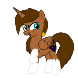 Size: 600x600 | Tagged: safe, artist:holdenwolfart, imported from derpibooru, oc, oc only, oc:royale royce, alicorn, pony, alicorn oc, brown mane, brown tail, coat markings, folded wings, full body, hooves, horn, male, open mouth, open smile, raised hoof, show accurate, simple background, smiling, socks (coat markings), solo, stallion, standing, tail, transparent background, wings