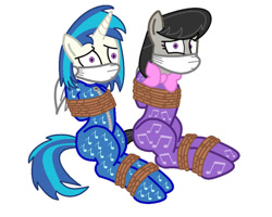 Size: 1000x799 | Tagged: safe, artist:brightstar40k, artist:radiantrealm, imported from derpibooru, dj pon-3, octavia melody, vinyl scratch, earth pony, pony, unicorn, bondage, bound and gagged, bowtie, cloth gag, clothes, footed sleeper, footie pajamas, gag, help, help us, missing accessory, no glasses, onesie, over the nose gag, pajamas, rope, rope bondage, scared, simple background, tied up, white background, worried