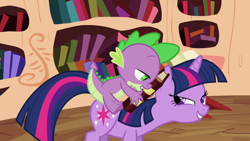 Size: 1920x1080 | Tagged: safe, imported from derpibooru, screencap, spike, twilight sparkle, dragon, pony, unicorn, season 2, the cutie pox, book, dragons riding ponies, duo, female, golden oaks library, lidded eyes, looking at each other, looking at someone, male, mare, out of context, riding, smiling, spike riding twilight, unicorn twilight