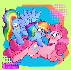 Size: 1440x1425 | Tagged: safe, artist:seasemissary, imported from derpibooru, pinkie pie, rainbow dash, earth pony, pegasus, pony, duo, female, lesbian, lying down, pinkiedash, prone, shipping, smiling