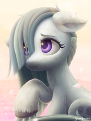 Size: 1800x2400 | Tagged: safe, artist:symbianl, imported from derpibooru, marble pie, earth pony, pony, cute, daaaaaaaaaaaw, eyelashes, female, fluffy, frown, hair over one eye, high res, looking up, marblebetes, mare, raised hoof, sitting, solo, symbianl is trying to murder us, uneasy