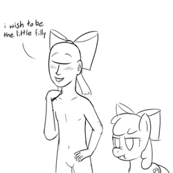 Size: 600x600 | Tagged: safe, artist:unsavorydom, imported from derpibooru, apple bloom, oc, oc:anon, earth pony, human, pony, blushing, featureless crotch, female, filly, foal, nudity, scrunchy face, text