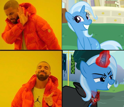 Size: 868x746 | Tagged: safe, artist:thegreatguy2000, edit, imported from derpibooru, screencap, trixie, human, pony, unicorn, a horse shoe-in, magic duel, alicorn amulet, aura, drake, evil trixie, glowing, glowing horn, horn, hotline bling, irl, irl human, magic, meme, photo, solo