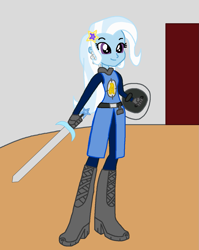Size: 1079x1355 | Tagged: safe, artist:agenthotman, imported from derpibooru, trixie, equestria girls, clothes, female, solo, sword, weapon