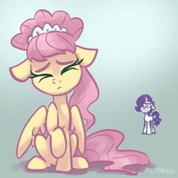 Size: 2048x2048 | Tagged: safe, artist:pfeffaroo, imported from derpibooru, fluttershy, rarity, pegasus, pony, unicorn, alternate hairstyle, duo, rarity is not amused, solo focus, unamused