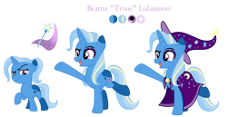 Size: 1280x658 | Tagged: safe, artist:penultimate-wishes, imported from derpibooru, trixie, pony, cape, clothes, female, filly, foal, hat, looking at you, open mouth, pose, raised eyebrow, raised hoof, raised leg, redesign, simple background, smiling, smirk, solo, text, transparent background, trixie's cape, trixie's hat, younger