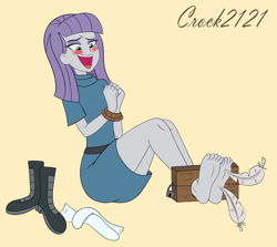 Size: 1280x1141 | Tagged: safe, artist:crock2121, edit, imported from derpibooru, maud pie, equestria girls, barefoot, blushing, boots, clothes, cute, dress, feather, feet, fetish, foot fetish, laughing, maudabetes, out of character, rope, shoes, smiling, socks, stocks, text, tickle fetish, tickle torture, tickling, when she smiles