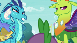 Size: 1280x720 | Tagged: safe, imported from derpibooru, screencap, princess ember, spike, thorax, changedling, changeling, dragon, season 7, triple threat, displeased, dragoness, ember is not amused, female, frown, hand on hip, hand on waist, king thorax, male, teeth, thorax is not amused, trio, unamused