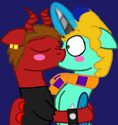 Size: 581x619 | Tagged: safe, imported from derpibooru, demon, demon pony, blushing, eyes closed, gay couple, kissing, simple background