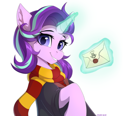 Size: 2160x2013 | Tagged: safe, artist:strafe blitz, imported from derpibooru, starlight glimmer, pony, unicorn, clothes, collaboration, collaboration:choose your starlight, cute, ear fluff, eye clipping through hair, female, glimmerbetes, glowing, glowing horn, grin, gryffindor, harry potter (series), high res, hogwarts, hogwarts letter, horn, letter, levitation, looking at you, magic, mantle, mare, raised hoof, scarf, simple background, smiling, smiling at you, solo, striped scarf, telekinesis, white background