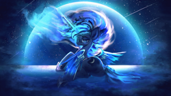 Size: 2560x1440 | Tagged: source needed, safe, artist:xyq, imported from derpibooru, princess luna, alicorn, pony, butt, complex background, female, moon, moonbutt, plot, solo, stars, wallpaper