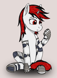 Size: 1412x1936 | Tagged: safe, artist:enteryourponyname, imported from derpibooru, oc, oc only, oc:blackjack, cyborg, pony, unicorn, fallout equestria, fallout equestria: project horizons, amputee, augmented, confused, cyber eyes, cybernetic legs, ear fluff, female, horn, mare, simple background, sitting, small horn, solo, unicorn oc