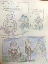 Size: 3024x4032 | Tagged: safe, artist:13mcjunkinm, imported from derpibooru, princess ember, spike, dragon, the last problem, 4 panel comic, clothes, comic, cute, dragoness, dress, emberbetes, emberspike, female, gala dress, gigachad spike, grand galloping gala, male, nervous, older, older spike, shipping, smiling, spikabetes, straight, traditional art, tuxedo, winged spike, wings