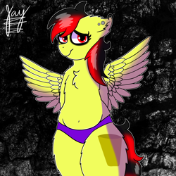 Size: 2048x2048 | Tagged: safe, artist:jay_wackal, imported from derpibooru, oc, oc only, oc:marmalade, pegasus, pony, belly button, bipedal, black and red mane, clothes, cute, ear piercing, earring, feathered wings, female, fluffy, goth, jewelry, mare, panties, pegasus wings, piercing, purple panties, solo, spread wings, thighs, underwear, wings