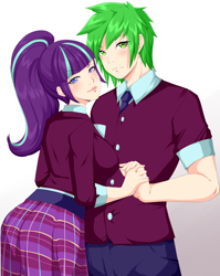 Size: 1748x2200 | Tagged: safe, artist:haarmades, imported from derpibooru, spike, starlight glimmer, human, clothes, crystal prep academy uniform, duo, female, humanized, male, necktie, older, older spike, pants, school uniform, shipping, simple background, skirt, sparlight, straight, white background