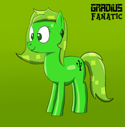 Size: 1273x1297 | Tagged: safe, artist:gradiusfanatic, imported from derpibooru, oc, oc only, oc:pixel, pony, robot, robot pony, ear piercing, female, full body, gradient background, hooves, mare, no pupils, piercing, signature, smiling, solo, standing, tail
