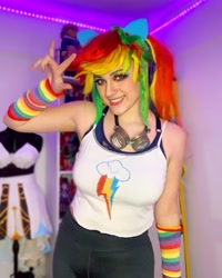 Size: 2160x2700 | Tagged: safe, imported from derpibooru, rainbow dash, human, bare shoulders, clothes, cosplay, costume, cutie mark on clothes, goggles, high res, irl, irl human, multicolored hair, photo, rainbow hair, sleeveless, solo